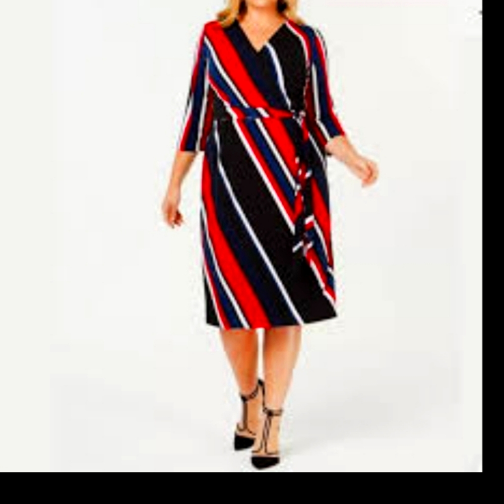 NWT INC Faux Wrap Dress. Red/blue/black/white stripes Size 0X